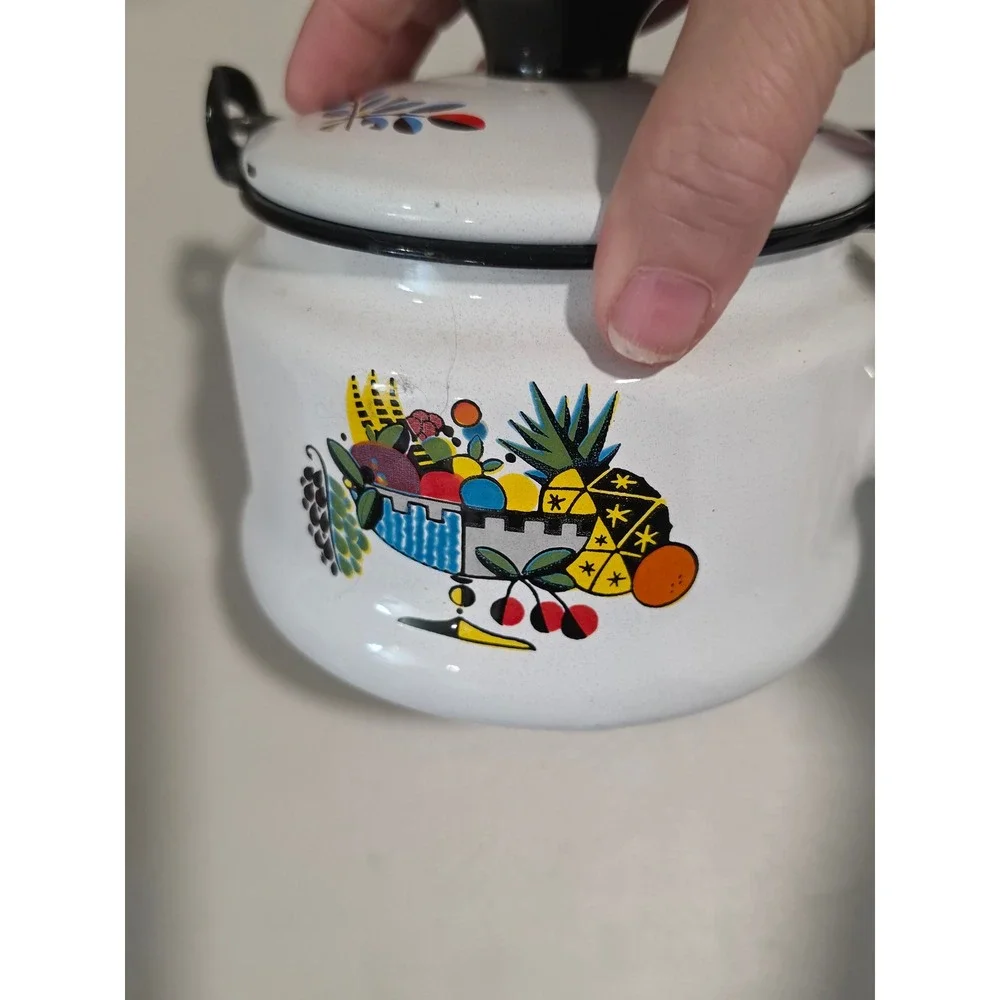 Vintage Bergen Enamelware Teapot Fruit Bowl Graphic White Enamel Tea Kettle